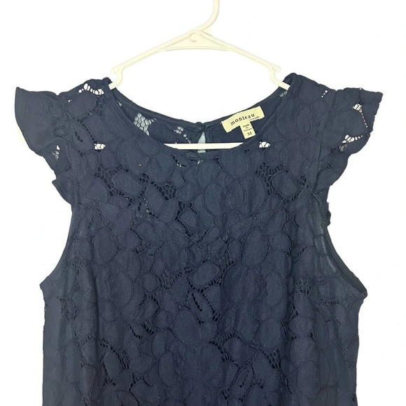 Monteau dress lace overlay flutter sleeve navy blue women’s size medium - Picture 1 of 10